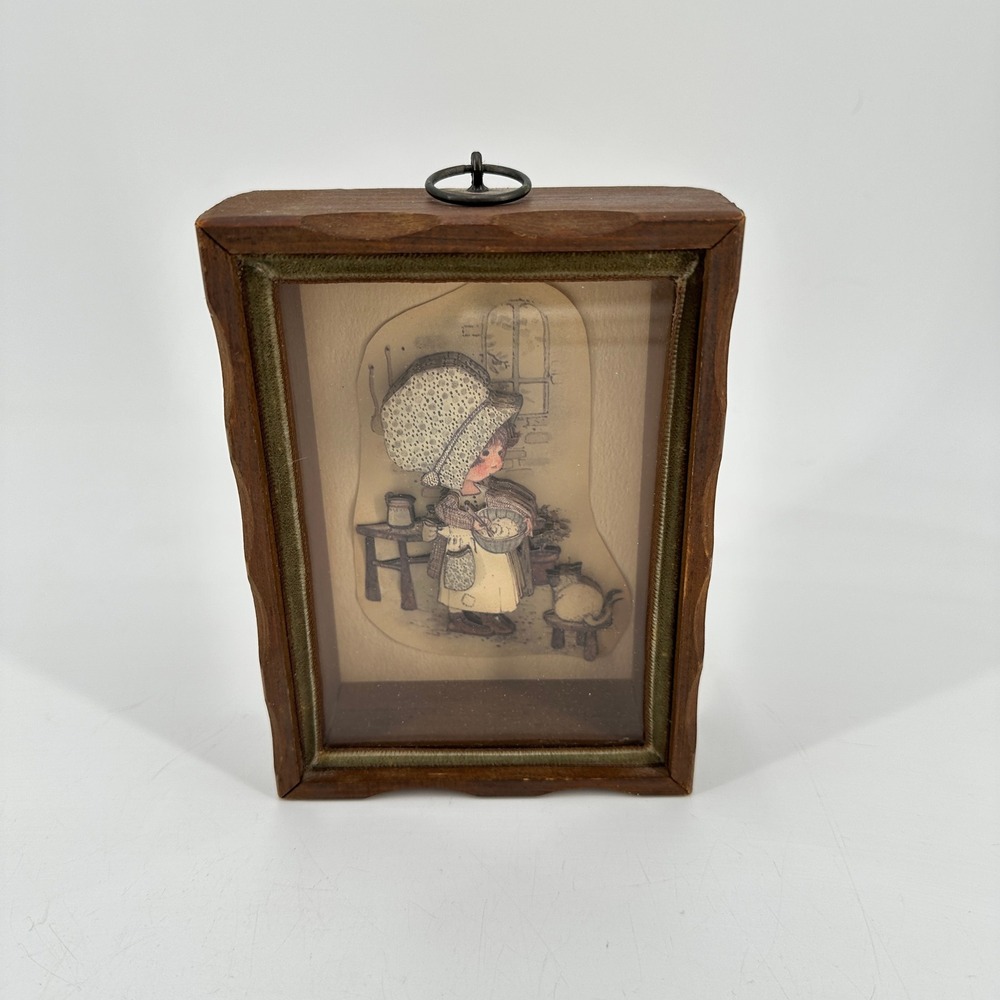 Vintage Hanky Panky 3D Shadow Box Wood Frame Baking Girl Cat Art